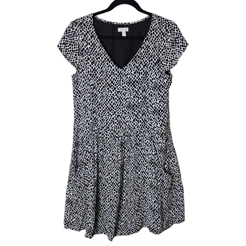 Garnet Hill 6 Black White Knee Length Shift Dress Cap Sleeve Pockets Lined Print